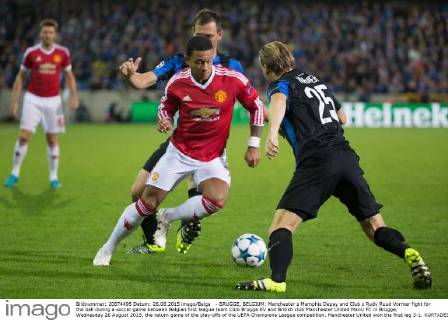 - BRUGGE, BELGIUM: Manchester s Memphis Depay and Club s Rudy Ruud Vormer fight for the ball during a soccer game between Belgian first league team Club Brugge KV and British club Manchester United ManU FC in Brugge, Wednesday 26 August 2015, the return game of the play-offs of the UEFA Champions League competition. Manchester United won the first leg 3-1. KURTxDESPLENTER x04687601x