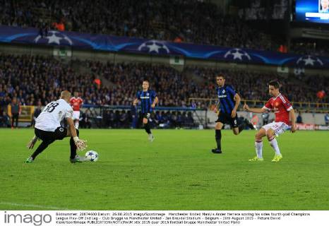 Manchester United ManU s Ander Herrera scoring his sides fourth goal Champions League Play-Off 2nd Leg - Club Brugge vs Manchester United - Jan Breydel Stadium - Belgium - 26th August 2015 - Picture David Klein Sportimage EDITORIAL USE ONLY. No use with unauthorised audio, video, data, fixture lists, club league logos or live services. Online in-match use limited to 120 images, no video emulation. No use in betting, games or single club league player publications.