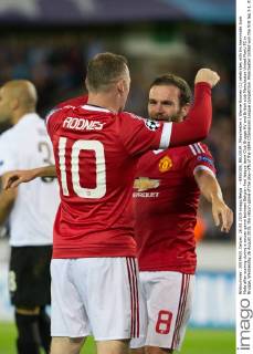 - BRUGGE, BELGIUM: Manchester s Wayne Rooney (L) celebrates with his teammate Juan Mata after scoring during a soccer game between Belgian first league team Club Brugge KV and British club Manchester United ManU FC in Brugge, Wednesday 26 August 2015, the return game of the play-offs of the UEFA Champions League competition. Manchester United won the first leg 3-1. KURTxDESPLENTER x04687650x