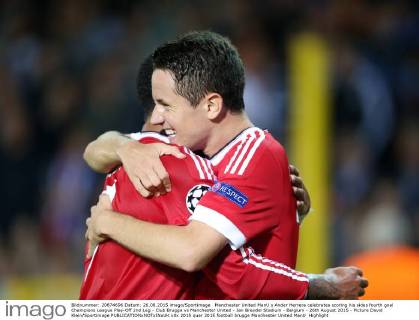 Manchester United ManU s Ander Herrera celebrates scoring his sides fourth goal Champions League Play-Off 2nd Leg - Club Brugge vs Manchester United - Jan Breydel Stadium - Belgium - 26th August 2015 - Picture David Klein Sportimage EDITORIAL USE ONLY. No use with unauthorised audio, video, data, fixture lists, club league logos or live services. Online in-match use limited to 120 images, no video emulation. No use in betting, games or single club league player publications.