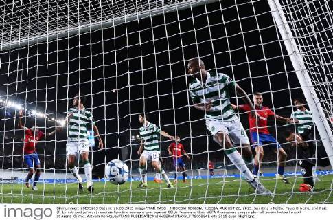 MOSCOW REGION, RUSSIA. AUGUST 26, 2015. Sporting s Naldo, Paulo Oliveira, and Ruiz (R-L in striped jerseys) react as Sporting scores a goal against CSKA Moscow in their UEFA Champions League play-off series football match at Arena Khimki. Artyom Korotayev TASS  TS00B84E