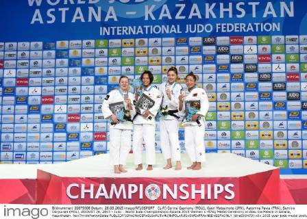 (L-R) Corina Caprioriu (ROU), Kaori Matsumoto (JPN), Automne Pavia (FRA), Sumiya Dorjsuren (MGL), AUGUST 26, 2015 - Judo : World Judo Championships Astana 2015 Women s -57kg Medal Ceremony at Alau Ice Palace in Astana, Kazakhstan. NoxThirdxPartyxSales  (dlra008479)