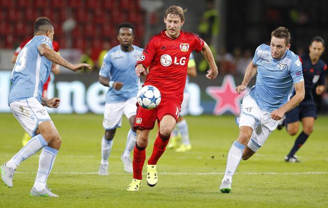 Stefan Kießling (Bayer 04 Leverkusen) (L) against Stefan Vrij (Lazio Rom) during the Championsleague Qualification between Bayer 04 Leverkusen and Lazio Rom, Bayarena in Leverkusen on August 26., 2015. Bayer 04 Leverkusen vs. Lazi Rom in der Qualifikation der Champions League der Saison 2015 2016 am 26. August 2015.