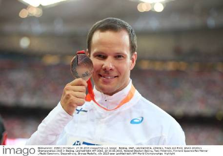 Beijing, IAAF, Leichtathletik, athletics, Track and Field, World athletics Championships 2015 in Beijing, Leichtathletik WM 2015, 22-30.08.2015, National Stadium Beijing, Tero Pitkämäki, Finnland Speerwerfen Männer , Medal Ceremony, Siegerehrung, Bronze Medaille,