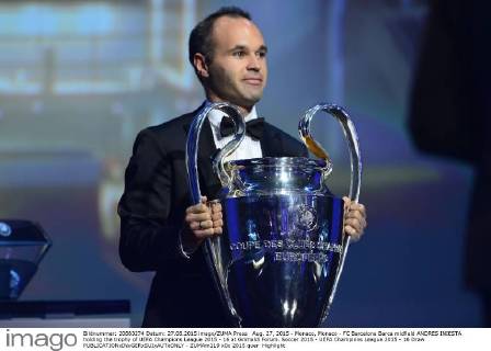 Aug. 27, 2015 - Monaco, Monaco - FC Barcelona Barca midfield ANDRES INIESTA holding the trophy of UEFA Champions League 2015 - 16 at Grimaldi Forum. Soccer 2015 - UEFA Champions League 2015 - 16 Draw - ZUMAm119