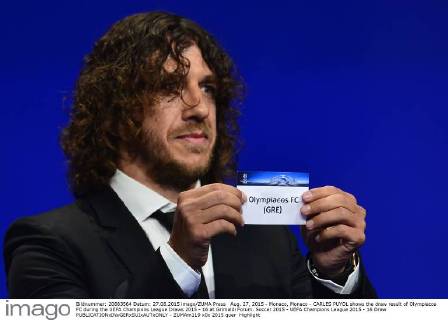 Aug. 27, 2015 - Monaco, Monaco - CARLES PUYOL shows the draw result of Olympiacos FC during the UEFA Champions League Draws 2015 - 16 at Grimaldi Forum. Soccer 2015 - UEFA Champions League 2015 - 16 Draw - ZUMAm119
