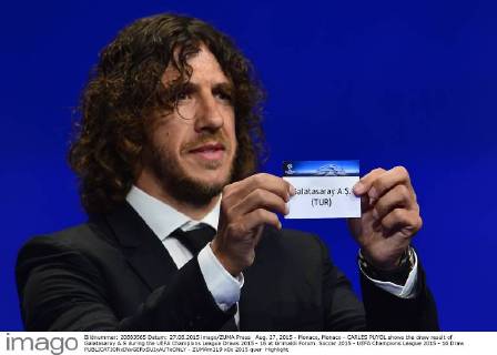 Aug. 27, 2015 - Monaco, Monaco - CARLES PUYOL shows the draw result of Galatasaray A.S during the UEFA Champions League Draws 2015 - 16 at Grimaldi Forum. Soccer 2015 - UEFA Champions League 2015 - 16 Draw - ZUMAm119