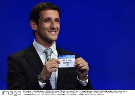 Aug. 27, 2015 - Monaco, Monaco - JULIANO BELLETTI ex Barcelona soccer player shows the draw result of Club Atletico de Madrid during the UEFA Champions League Draws 2015 - 16 at Grimaldi Forum. Soccer 2015 - UEFA Champions League 2015 - 16 Draw - ZUMAm119