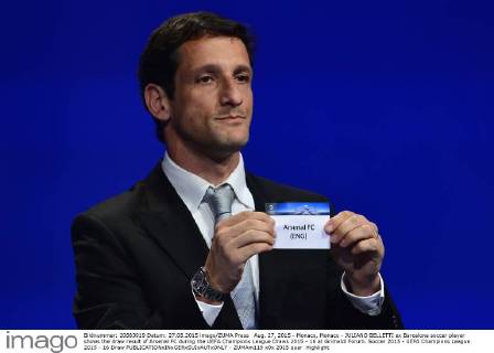 Aug. 27, 2015 - Monaco, Monaco - JULIANO BELLETTI ex Barcelona soccer player shows the draw result of Arsenal FC during the UEFA Champions League Draws 2015 - 16 at Grimaldi Forum. Soccer 2015 - UEFA Champions League 2015 - 16 Draw - ZUMAm119