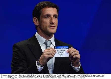 Aug. 27, 2015 - Monaco, Monaco - JULIANO BELLETTI ex Barcelona soccer player shows the draw result of Manchester United ManU FC during the UEFA Champions League Draws 2015 - 16 at Grimaldi Forum. Soccer 2015 - UEFA Champions League 2015 - 16 Draw - ZUMAm119