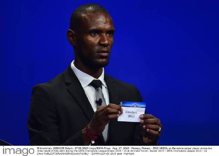 Aug. 27, 2015 - Monaco, Monaco - ERIC ABIDAL ex Barcelona soccer player shows the draw result of KAA Gent during the UEFA Champions League Draws 2015 - 16 at Grimaldi Forum. Soccer 2015 - UEFA Champions League 2015 - 16 Draw  - ZUMAm119