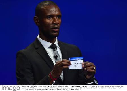 Aug. 27, 2015 - Monaco, Monaco - ERIC ABIDAL ex Barcelona soccer player shows the draw result of FC Bate Borisov during the UEFA Champions League Draws 2015 - 16 at Grimaldi Forum. Soccer 2015 - UEFA Champions League 2015 - 16 Draw  - ZUMAm119