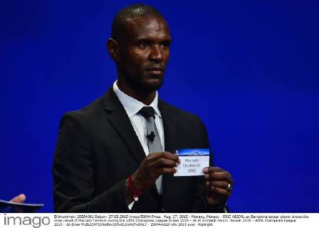 Aug. 27, 2015 - Monaco, Monaco - ERIC ABIDAL ex Barcelona soccer player shows the draw result of Maccabi Tel-Aviv during the UEFA Champions League Draws 2015 - 16 at Grimaldi Forum. Soccer 2015 - UEFA Champions League 2015 - 16 Draw  - ZUMAm119