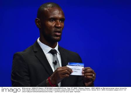 Aug. 27, 2015 - Monaco, Monaco - ERIC ABIDAL ex Barcelona soccer player shows the draw result of SNK Dinamo during the UEFA Champions League Draws 2015 - 16 at Grimaldi Forum. Soccer 2015 - UEFA Champions League 2015 - 16 Draw  - ZUMAm119