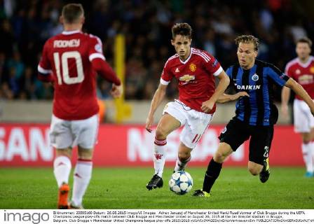 Adnan Januzaj of Manchester United ManU Ruud Vormer of Club Brugge during the UEFA Champions League play-offs match between Club Brugge and Manchester United on August 26, 2015 at the Jan Breydel stadium in Brugge, Belgium. Club Brugge v Manchester United Champions league play-offs 2015 2016 xVIxVIxIMAGESx xEricxVerhoevenxIVx 4242626