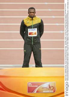 BEIJING, CHINA - AUGUST 28: (CHINA OUT) Gold medalist Usain Bolt of Jamaica poses on the podium during the medal ceremony for the Men s 200 metres final during day seven of the 15th IAAF World Athletics Championships Beijing 2015 at Beijing National Stadium on August 28, 2015 in Beijing, China.  CFP471986696 