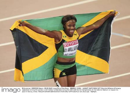 BEIJING, CHINA - AUGUST 28£º(CHINA OUT) Danielle Williams of Jamaica celebrates winning the women s 100 metres hurdles final during the 15th IAAF World Championships at the National Stadium on August 28, 2015 in Beijing, China.  CFP472007810 