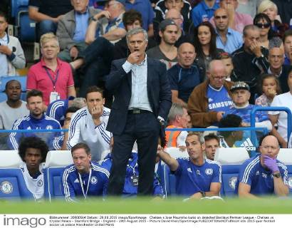 Chelsea s Jose Mourinho looks on dejected Barclays Permier League - Chelsea vs Crystal Palace - Stamford Bridge - England - 29th August 2015 - Picture David Klein Sportimage EDITORIAL USE ONLY. No use with unauthorised audio, video, data, fixture lists, club league logos or live services. Online in-match use limited to 120 images, no video emulation. No use in betting, games or single club league player publications.