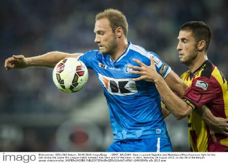 - GENT, BELGIUM: Gent s Laurent Depoitre and Mechelen s Milos Kosanovic fight for the ball during the Jupiler Pro League match between KAA Gent and KV Mechelen, in Gent, Saturday 29 August 2015, on day 06 of the Belgian soccer championship. JASPERxJACOBS x04689645x