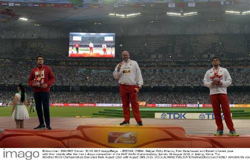- BEIJING, CHINA: Belgian Philip Milanov, Piotr Malachowski and Robert Urbanek pose with their medals after the men s discus competition at the IAAF World Championships, Sunday 30 August 2015, in Beijing, China. The Athletics World Championships take place from August 22nd until August 30th 2015. ERICxLALMAND  x04689878x
