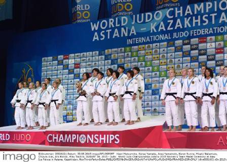 Kaori Matsumoto, Kanae Yamabe, Anzu Yamamoto, Karen Nunira, Misato Nakamura, Chizuru Arai, Ami Kondo, Miku Tashiro, AUGUST 30, 2015 - Judo : World Judo Championships Astana 2015 Women s Team Medal Ceremony at Alau Ice Palace in Astana, Kazakhstan. NoxThirdxPartyxSales (dlra009165)