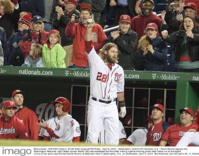 April 9, 2014 - Washington, District Of Columbia, U.S - Miami Marlins against the Washington Nationals right fielder Jayson Werth (28) acknowledges the fans after hitting a game-winning grand slam home run in the eighth inning of the game against the Florida Marlins at Nationals Park in Washington, D.C. on Wednesday, April 9, 2014. The Nationals won the game 10 - 7. MLB Baseball Herren USA 2014 - Marlins Beat Nationals 7-1 - ZUMAp124
