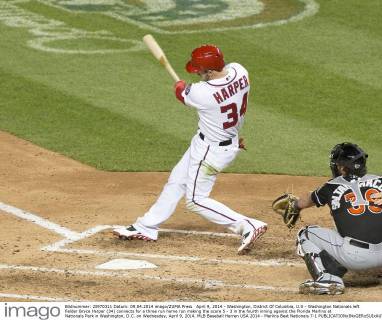 April 9, 2014 - Washington, District Of Columbia, U.S - Washington Nationals left fielder Bryce Harper (34) connects for a three run home run making the score 5 - 3 in the fourth inning against the Florida Marlins at Nationals Park in Washington, D.C. on Wednesday, April 9, 2014. MLB Baseball Herren USA 2014 - Marlins Beat Nationals 7-1 - ZUMAp124