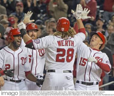 April 9, 2014 - Washington, District Of Columbia, U.S - Washington Nationals right fielder Jayson Werth (28) is congratulated by teammates Denard Span (2), Adam LaRoche (25), and Nate McLouth (15) after hitting a grand slam home run in the eighth inning against the Florida Marlins at Nationals Park in Washington, D.C. on Wednesday, April 9, 2014. The Nationals won the game 10 - 7. MLB Baseball Herren USA 2014 - Marlins Beat Nationals 7-1 - ZUMAp124