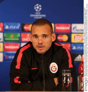 Head coach of Galatasaray, Hamza Hamzaoglu and player Wesley Sneijder ( pictured ) attend a press conference PK Pressekonferenz following a training session in Istanbul, Turkey, 14 September 2015. Galatasaray will face Atletico Medrid in a UEFA Champions League Group C match on 15 September 2015. 
