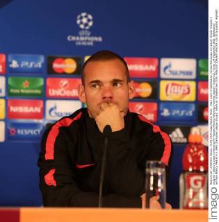 Head coach of Galatasaray, Hamza Hamzaoglu and player Wesley Sneijder ( pictured ) attend a press conference PK Pressekonferenz following a training session in Istanbul, Turkey, 14 September 2015. Galatasaray will face Atletico Medrid in a UEFA Champions League Group C match on 15 September 2015. 
