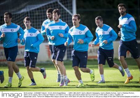 - GENT, BELGIUM: Gent s Brecht Dejaegere, Gent s Benito Raman, Gent s Thomas Matton, Gent s Sven Kums, Gent s Danijel Milicevic and Gent s Uros Vitas pictured in action during a training of KAA Gent, in Gent, Tuesday 15 September 2015. Tomorrow Belgian first league soccer team KAA Gent will play the first game in the group stage of the Uefa Champions League competition against French Olympique Lyon. JASPERxJACOBS  x04700151x