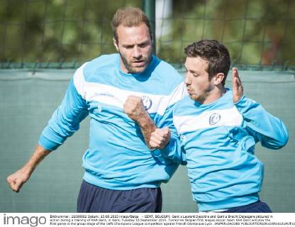 - GENT, BELGIUM: Gent s Laurent Depoitre and Gent s Brecht Dejaegere pictured in action during a training of KAA Gent, in Gent, Tuesday 15 September 2015. Tomorrow Belgian first league soccer team KAA Gent will play the first game in the group stage of the Uefa Champions League competition against French Olympique Lyon. JASPERxJACOBS  x04700165x