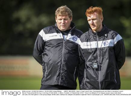 - GENT, BELGIUM: Gent s head coach Hein Vanhaezebrouck and Gent s assistant coach Bernd Thijs pictured during a training of KAA Gent, in Gent, Tuesday 15 September 2015. Tomorrow Belgian first league soccer team KAA Gent will play the first game in the group stage of the Uefa Champions League competition against French Olympique Lyon. JASPERxJACOBS  x04700193x