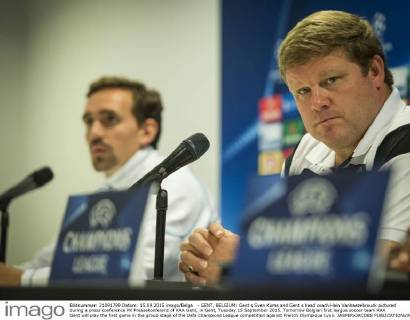 - GENT, BELGIUM: Gent s Sven Kums and Gent s head coach Hein Vanhaezebrouck pictured during a press conference PK Pressekonferenz of KAA Gent, in Gent, Tuesday 15 September 2015. Tomorrow Belgian first league soccer team KAA Gent will play the first game in the group stage of the Uefa Champions League competition against French Olympique Lyon. JASPERxJACOBS  x04700234x