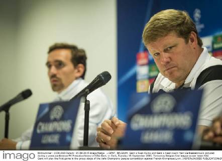 - GENT, BELGIUM: Gent s Sven Kums and Gent s head coach Hein Vanhaezebrouck pictured during a press conference PK Pressekonferenz of KAA Gent, in Gent, Tuesday 15 September 2015. Tomorrow Belgian first league soccer team KAA Gent will play the first game in the group stage of the Uefa Champions League competition against French Olympique Lyon. JASPERxJACOBS  x04700236x