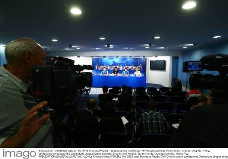Dinamo press conference PK Pressekonferenz 15.09.2015., Croatia, Zagreb - Press conference announced the Champions League game between Dinamo and Arsenal.Zoran Mamic, Domagoj Antolic, Marko Rog.  SlavkoxMidzor PIXSELL