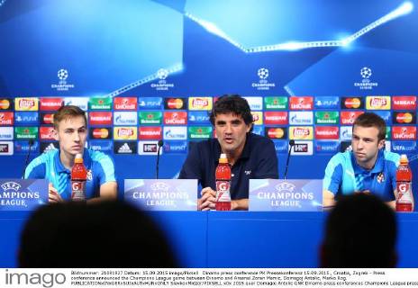 Dinamo press conference PK Pressekonferenz 15.09.2015., Croatia, Zagreb - Press conference announced the Champions League game between Dinamo and Arsenal.Zoran Mamic, Domagoj Antolic, Marko Rog.  SlavkoxMidzor PIXSELL