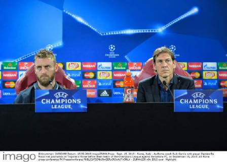 Sept. 15, 2015 - Rome, Italy - As Rome coach Rudi Garcia with player Daniele De Rossi met journalists at Trigoria in Rome before their match of the Champions League against Barcellona FC, on September 15, 2015. AS Rome press conference PK Pressekonferenz  - ZUMAn230