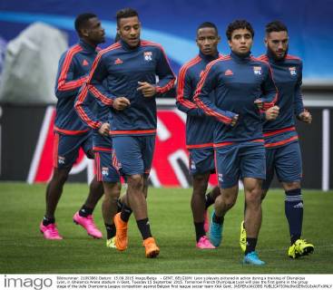 - GENT, BELGIUM: Lyon s players pictured in action during a training of Olympique Lyon, in Ghelamco Arena stadium in Gent, Tuesday 15 September 2015. Tomorrow French Olympique Lyon will play the first game in the group stage of the Uefa Champions League competition against Belgian first league soccer team KAA Gent. JASPERxJACOBS  x04700493x