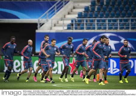 - GENT, BELGIUM: Lyon s players pictured in action during a training of Olympique Lyon, in Ghelamco Arena stadium in Gent, Tuesday 15 September 2015. Tomorrow French Olympique Lyon will play the first game in the group stage of the Uefa Champions League competition against Belgian first league soccer team KAA Gent. JASPERxJACOBS  x04700496x