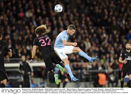 Aktuell Fußball, Champions League, Paris St. Germain - Malmö FF David Luiz (PSG) vs Markus Rosenberg (Malmo) - Fussball Champions League, Paris Saint Germain PSG vs. Malmö FF - 15 09 2015 JBAutissier Panoramic 