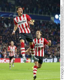 (L-R) Hector Moreno of PSV, Andres Guardado of PSV during the UEFA Champions League group B match between PSV Eindhoven and Manchester United ManU on September 15, 2015 at the Philips stadium in Eindhoven, The Netherlands. PSV Eindhoven v Manchester United UEFA Champions League 2015 2016 xVIxxIVx 4330459