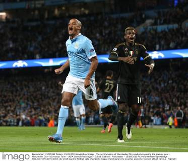 Vincent Kompany of Manchester City celebrates scoring the opening goal - Manchester City vs Juventus Turin - UEFA Champions League - Etihad Stadium - Manchester - 15 09 2015 Pic Philip Oldham SportImage EDITORIAL USE ONLY. No use with unauthorised audio, video, data, fixture lists, club league logos or live services. Online in-match use limited to 120 images, no video emulation. No use in betting, games or single club league player publications.