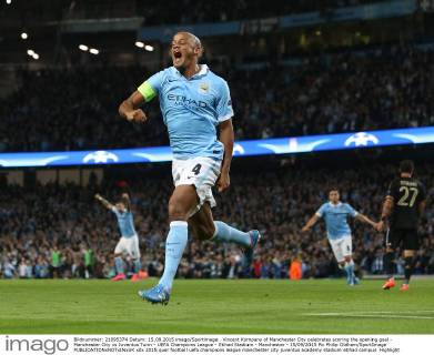 Vincent Kompany of Manchester City celebrates scoring the opening goal - Manchester City vs Juventus Turin - UEFA Champions League - Etihad Stadium - Manchester - 15 09 2015 Pic Philip Oldham SportImage EDITORIAL USE ONLY. No use with unauthorised audio, video, data, fixture lists, club league logos or live services. Online in-match use limited to 120 images, no video emulation. No use in betting, games or single club league player publications.