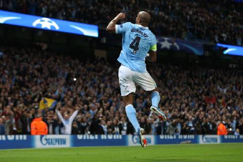 Vincent Kompany of Manchester City celebrates scoring the opening goal - Manchester City vs. Juventus Turin. - UEFA Champions League - Etihad Stadium - Manchester - 15 09 2015 EDITORIAL USE ONLY. No use with unauthorised audio, video, data, fixture lists, club league logos or live services. Online in-match use limited to 120 images, no video emulation. No use in betting, games or single club league player publications.