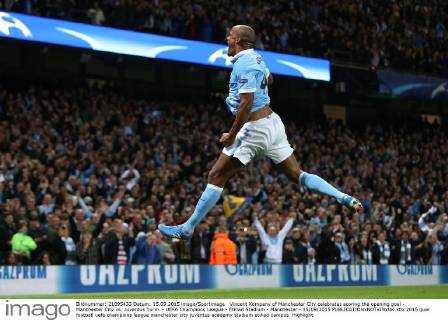 Vincent Kompany of Manchester City celebrates scoring the opening goal - Manchester City vs. Juventus Turin. - UEFA Champions League - Etihad Stadium - Manchester - 15 09 2015 EDITORIAL USE ONLY. No use with unauthorised audio, video, data, fixture lists, club league logos or live services. Online in-match use limited to 120 images, no video emulation. No use in betting, games or single club league player publications.