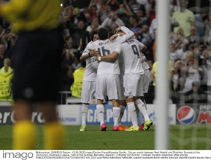 Soccer match between Real Madrid and Shakhtar Donetsk of the 2015 2016 Champions League, held at the Santiago Bernabeu stadium, in Madrid 09 15 2015. Cristiano Ronaldo celebrates after scoring 
