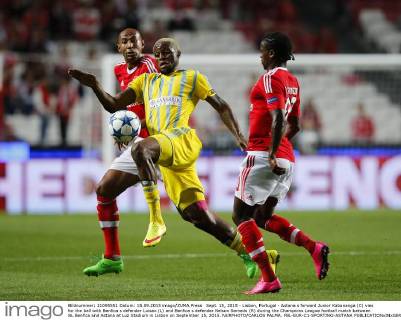 Sept. 15, 2015 - Lisbon, Portugal - Astana s forward Junior Kabananga (C) vies for the ball with Benfica s defender Luisao (L) and Benfica s defender Nelson Semedo (R) during the Champions League football match between SL Benfica and Astana at Luz Stadium in Lisbon on September 15, 2015. NURPHOTO CARLOS PALMA. FBL-EUR-C1-SPORTING-ASTANA  - ZUMAn230