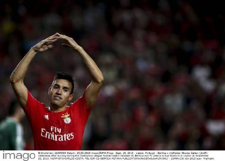 Sept. 15, 2015 - Lisbon, Portugal - Benfica s midfielder Nicolas Gaitan (2ndR) celebrates after scoring during the Champions League football match between SL Benfica and FC Astana at Luz Stadium in Lisbon on September 15, 2015. NURPHOTO CARLOS COSTA. FBL-EUR-C1-BENFICA-ASTANA  - ZUMAn230
