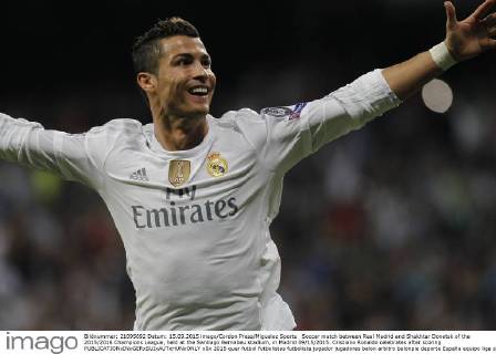 Soccer match between Real Madrid and Shakhtar Donetsk of the 2015 2016 Champions League, held at the Santiago Bernabeu stadium, in Madrid 09 15 2015. Cristiano Ronaldo celebrates after scoring 